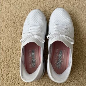 Skechers White Knit Lace-Up Sneakers with Pink Insoles